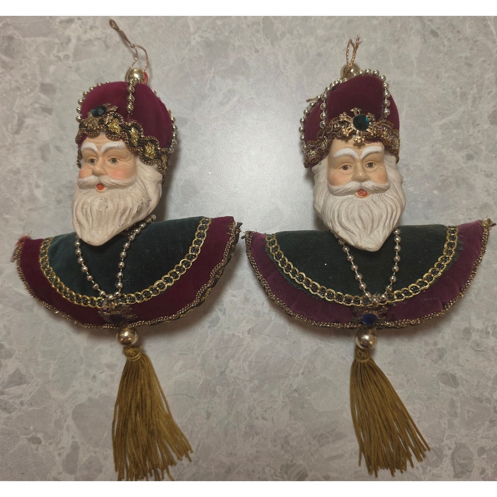 Vintage Santa Claus Christmas Ornaments Velvet Gold Tassel Set of 2 Burgundy